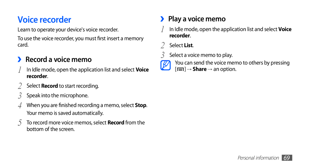 Samsung GT-S5830RWAVIT, GT-S5830OKZDBT manual Voice recorder, ›› Record a voice memo, ›› Play a voice memo, Recorder 