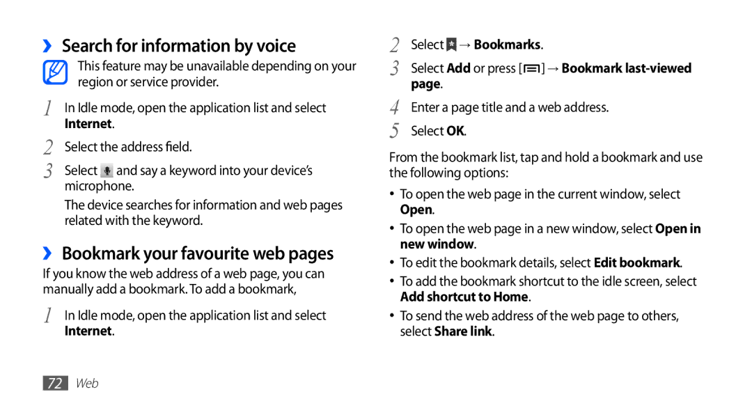 Samsung GT-S5830OKYDBT manual ›› Search for information by voice, ›› Bookmark your favourite web pages, Select → Bookmarks 