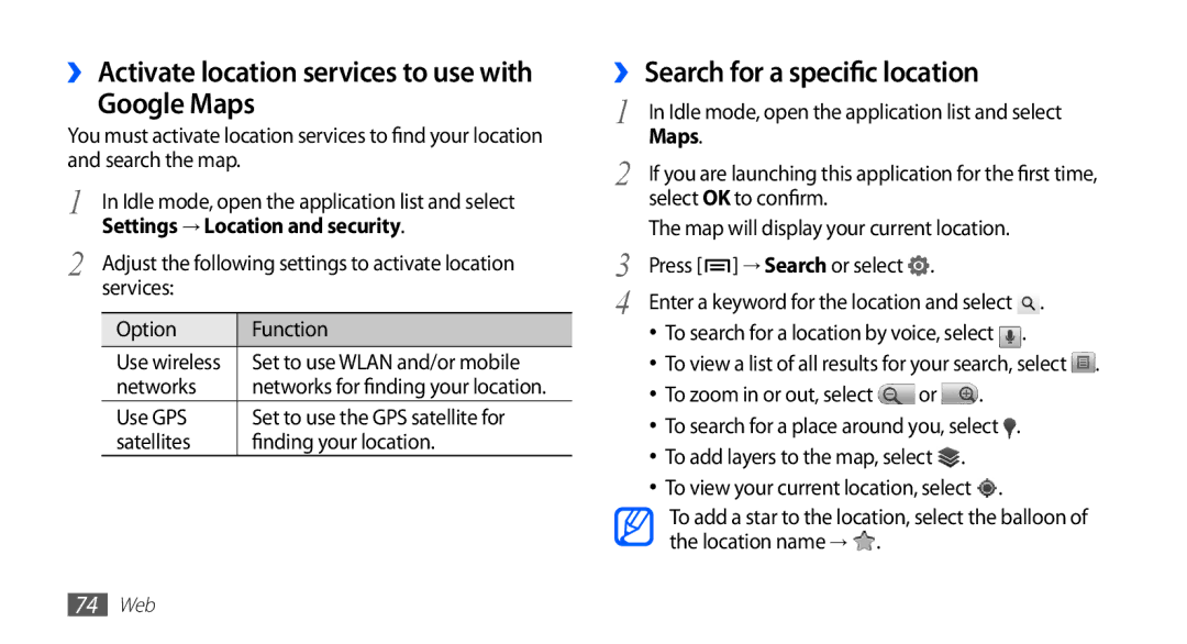 Samsung GT-S5830OKADTM, GT-S5830OKZDBT Google Maps, ›› Search for a specific location, Settings → Location and security 