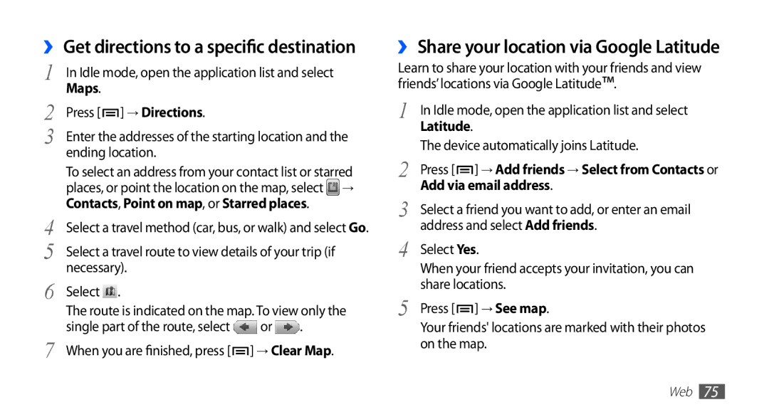 Samsung GT-S5830RWAVIA, GT-S5830OKZDBT manual Contacts, Point on map, or Starred places, Add via email address, → See map 