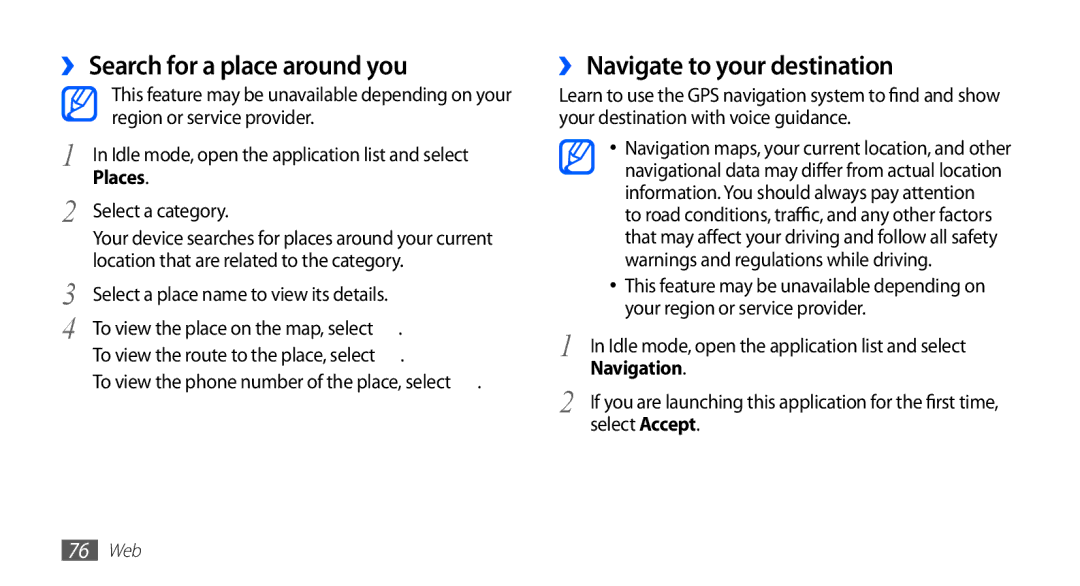 Samsung GT-S5830RWATUR, GT-S5830OKZDBT manual ›› Search for a place around you, ›› Navigate to your destination, Places 