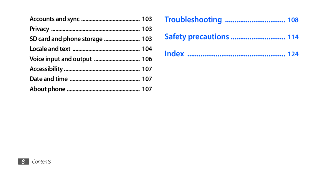 Samsung GT-S5830OKAXEO, GT-S5830OKZDBT, GT-S5830OKYXEG, GT-S5830OKADBT manual Troubleshooting, Safety precautions, Index 