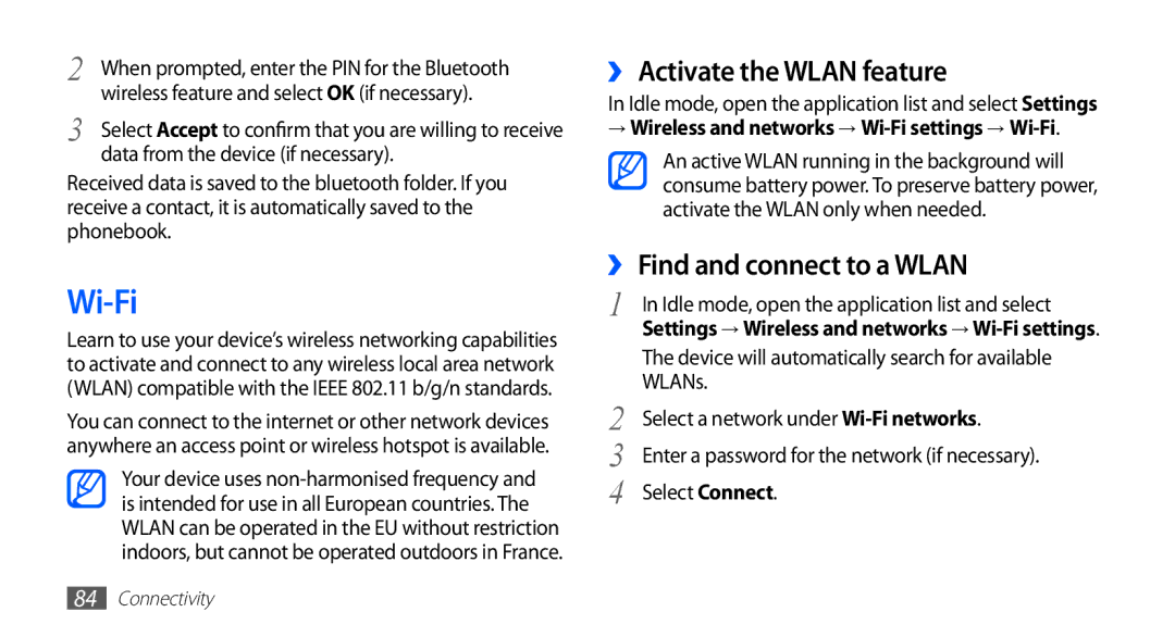 Samsung GT-S5830OKACOS, GT-S5830OKZDBT, GT-S5830OKYXEG Wi-Fi, ›› Activate the Wlan feature, ›› Find and connect to a Wlan 