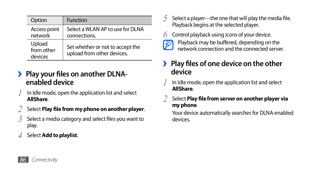 Samsung GT-S5830RWAEPL ›› Play your files on another DLNA- enabled device, ›› Play files of one device on the other device 