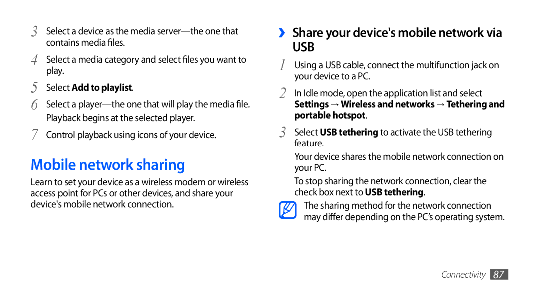 Samsung GT-S5830OKAVIA, GT-S5830OKZDBT Mobile network sharing, Contains media files, Your device to a PC, Portable hotspot 