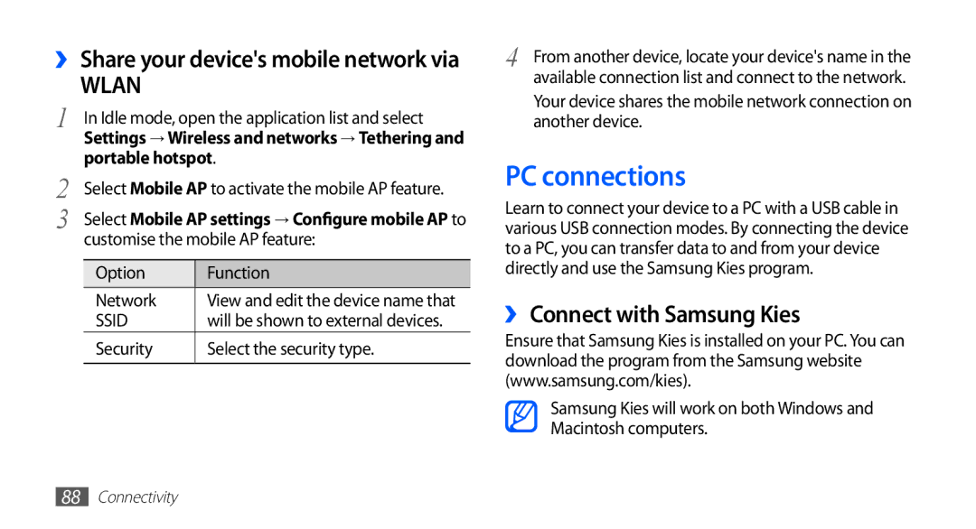 Samsung GT-S5830OKATUR, GT-S5830OKZDBT manual PC connections, ›› Connect with Samsung Kies, Customise the mobile AP feature 