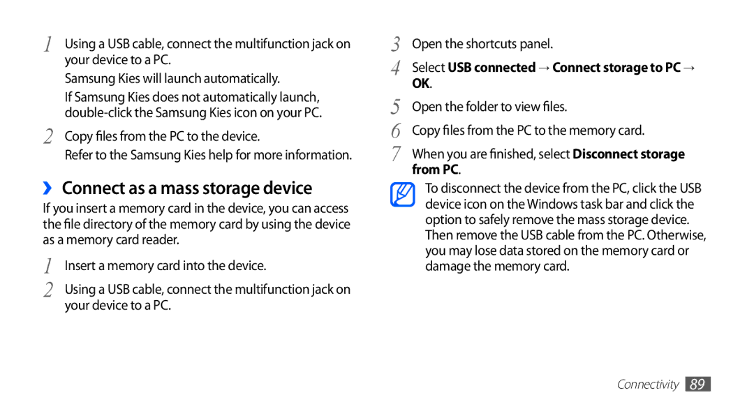 Samsung GT-S5830OKAXEO manual ›› Connect as a mass storage device, Select USB connected → Connect storage to PC → OK 