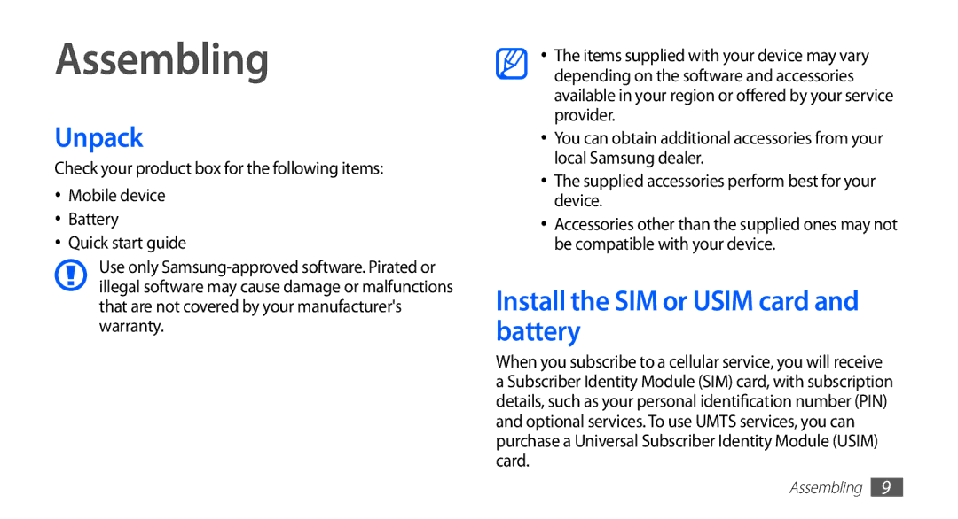 Samsung GT-S5830OKZEPL, GT-S5830OKZDBT, GT-S5830OKYXEG manual Assembling, Unpack, Install the SIM or Usim card and battery 