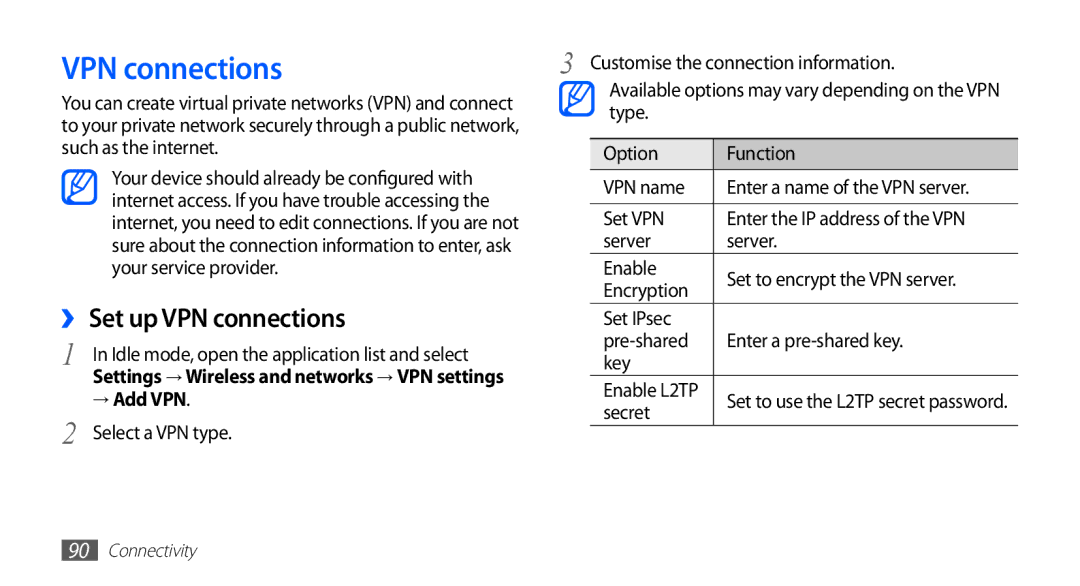 Samsung GT-S5830OKZEPL, GT-S5830OKZDBT, GT-S5830OKYXEG, GT-S5830OKADBT manual ››Set up VPN connections, → Add VPN 