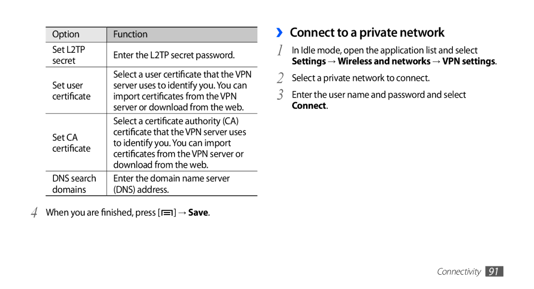 Samsung GT-S5830RWADBT, GT-S5830OKZDBT, GT-S5830OKYXEG ›› Connect to a private network, Select a private network to connect 