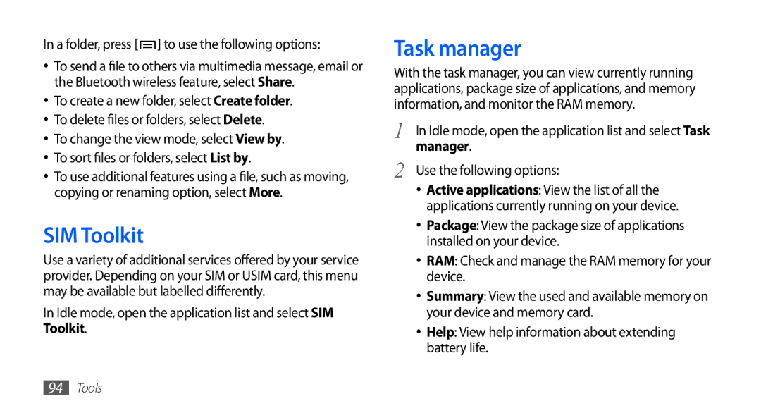 Samsung GT-S5830OKZDTM manual Task manager, Idle mode, open the application list and select SIM Toolkit, Manager 