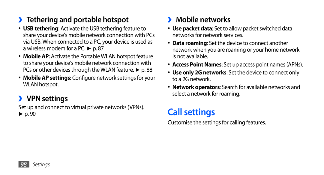 Samsung GT-S5830OKZVIA manual Call settings, ›› Tethering and portable hotspot, ›› VPN settings, ›› Mobile networks 