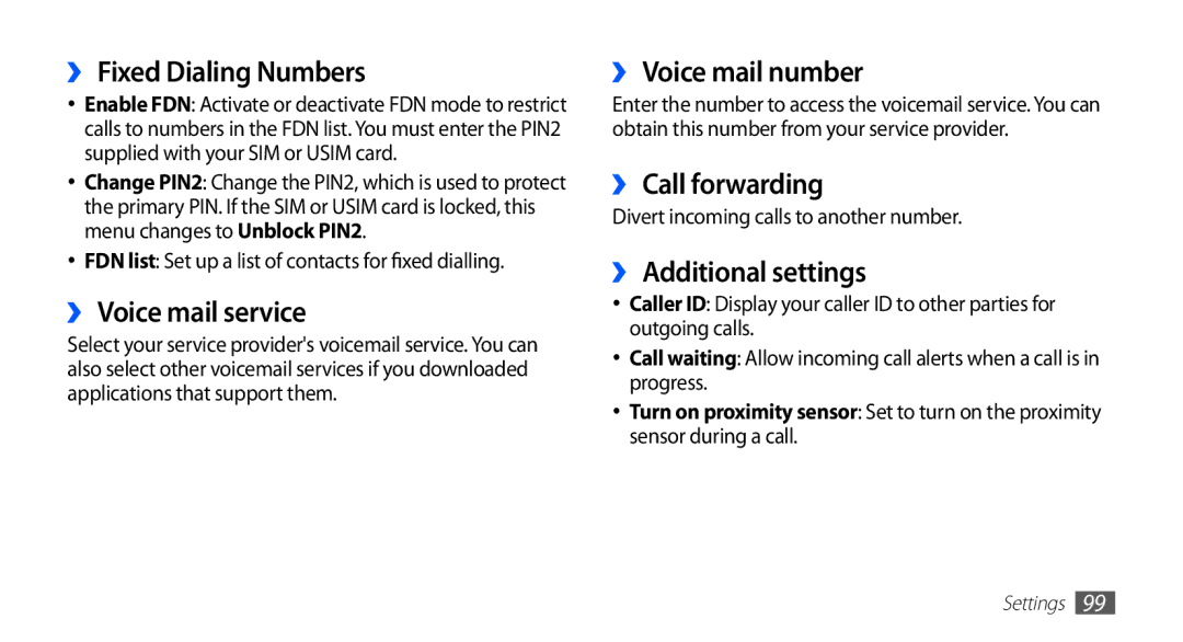 Samsung GT-S5830OKYDBT manual ›› Fixed Dialing Numbers, ›› Voice mail service, ›› Voice mail number, ›› Call forwarding 