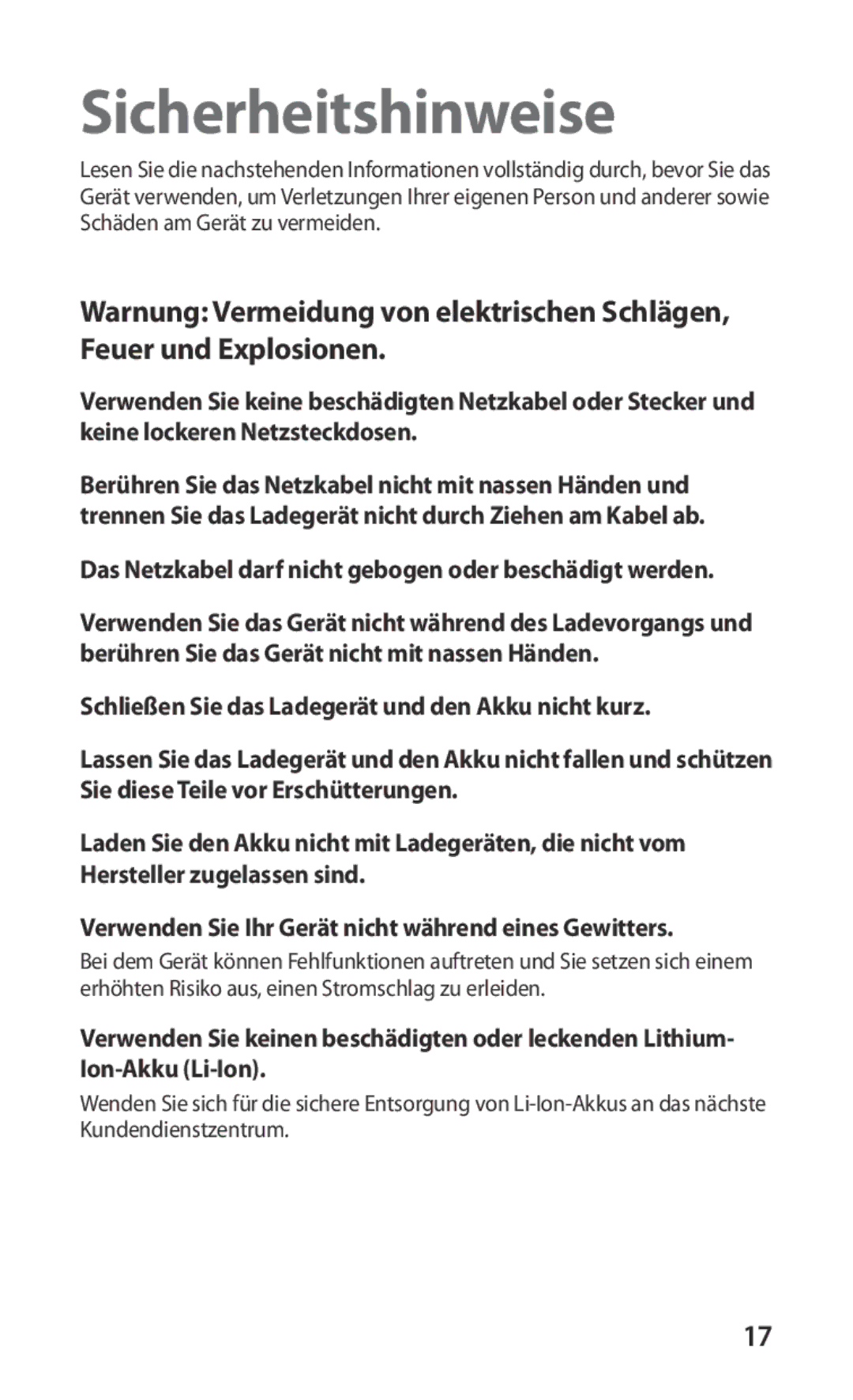 Samsung GT-S5830OKZVIA, GT-S5830OKZDBT manual Sicherheitshinweise, Das Netzkabel darf nicht gebogen oder beschädigt werden 