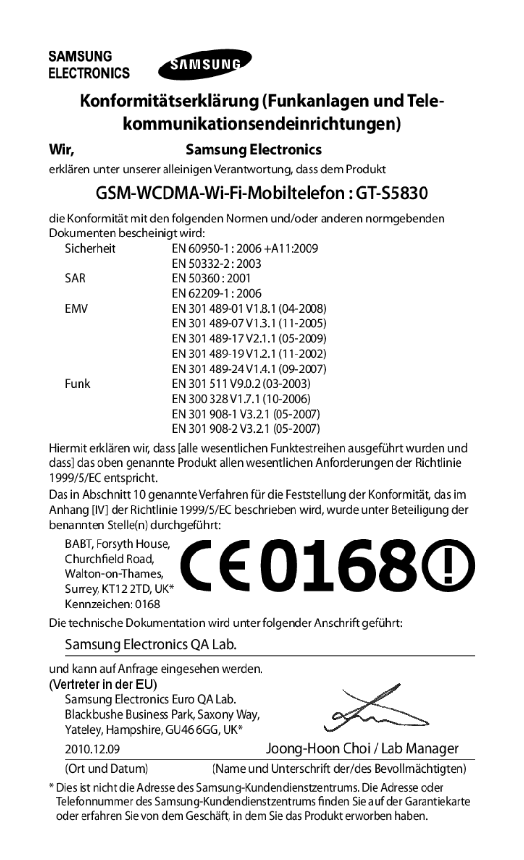 Samsung GT-S5830UWADBT Kommunikationsendeinrichtungen, GSM-WCDMA-Wi-Fi-Mobiltelefon GT-S5830, Wir,Samsung Electronics 