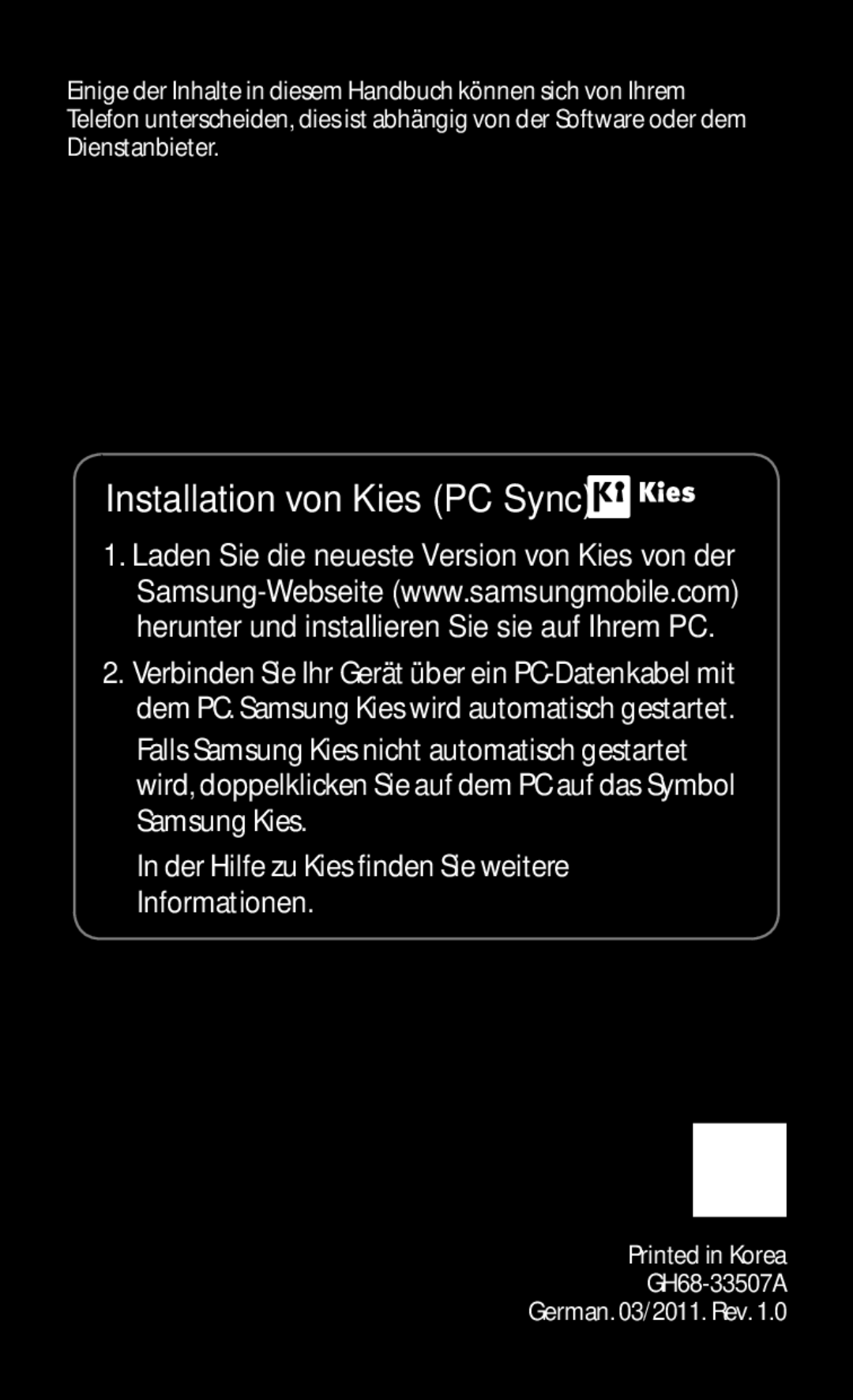 Samsung GT-S5830RWAEPL, GT-S5830OKZDBT, GT-S5830OKYXEG, GT-S5830OKADBT, GT-S5830OKACOS manual Installation von Kies PC Sync 