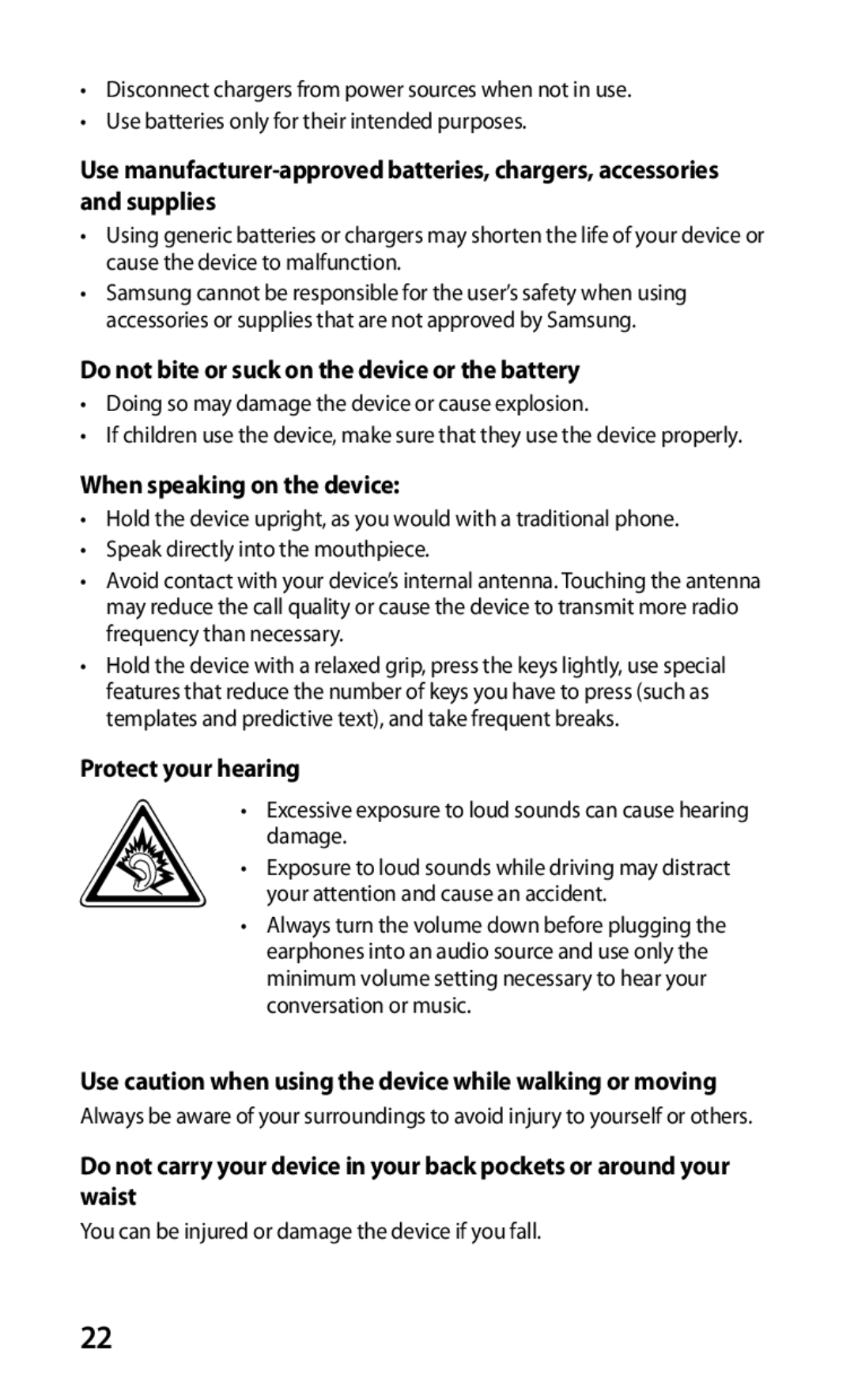 Samsung GT-S5830OKAEPL Do not bite or suck on the device or the battery, When speaking on the device, Protect your hearing 