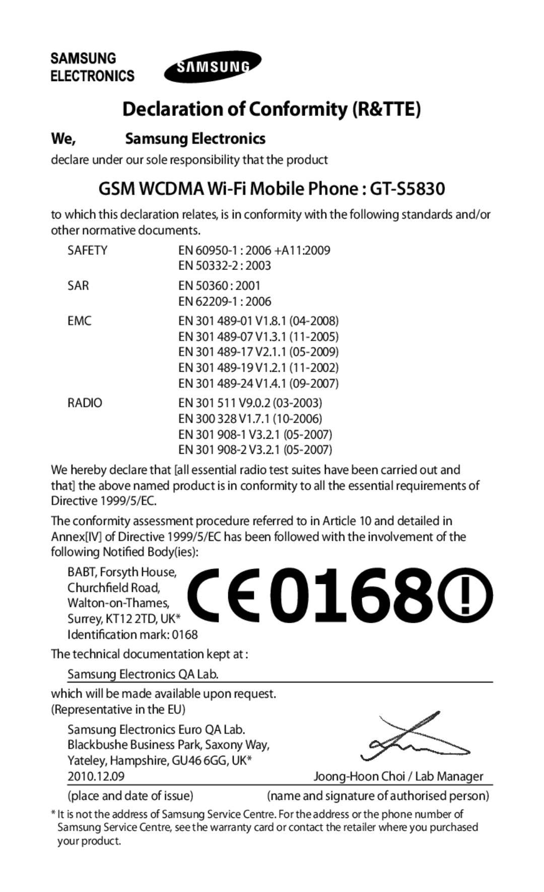 Samsung GT-S5830XKATIM, GT-S5830OKZDBT, GT-S5830OKYXEG manual GSM Wcdma Wi-Fi Mobile Phone GT-S5830, Samsung Electronics 