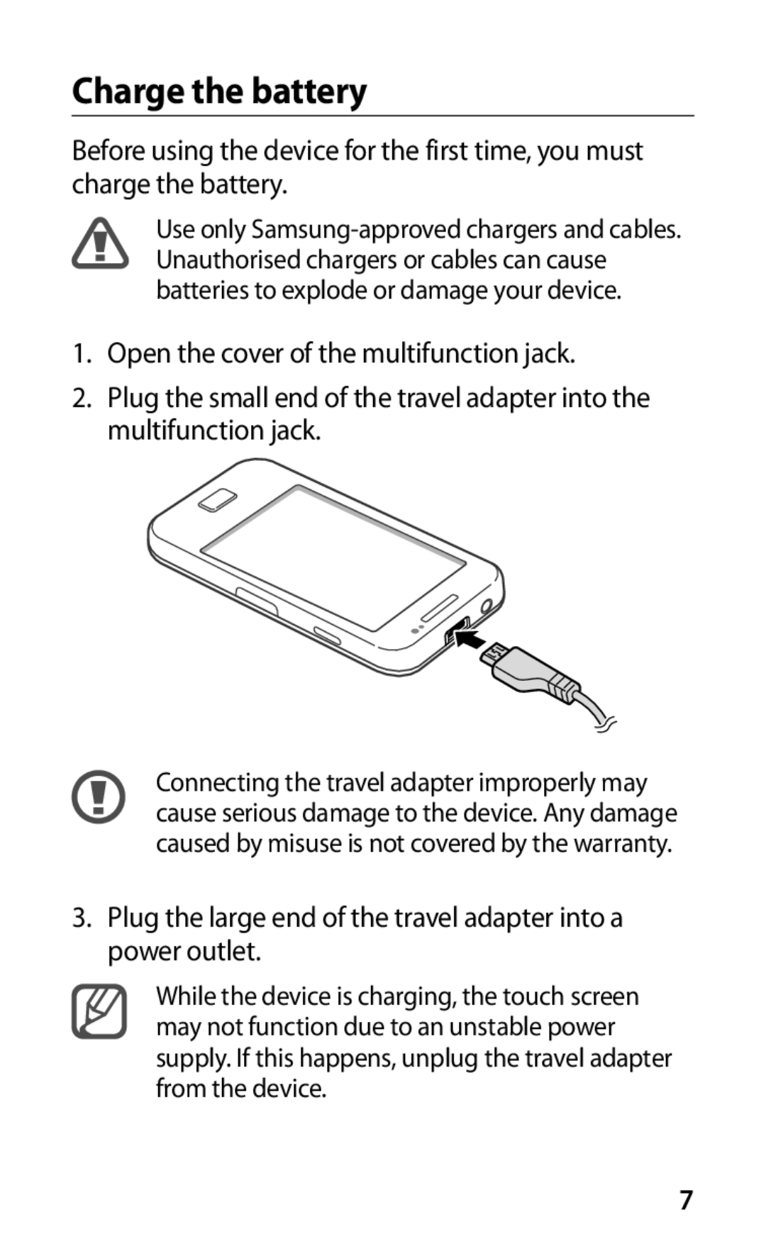 Samsung GT-S5830OKAXEO, GT-S5830OKZDBT, GT-S5830OKYXEG, GT-S5830OKADBT, GT-S5830OKACOS, GT-S5830UWADBT manual Charge the battery 