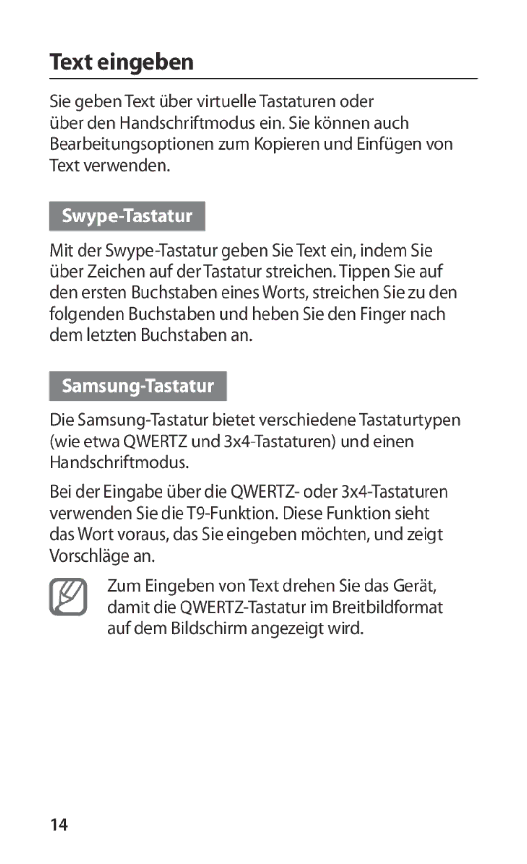 Samsung GT-S5830RWAVIT, GT-S5830OKZDBT, GT-S5830OKYXEG, GT-S5830OKADBT manual Text eingeben, Swype-Tastatur, Samsung-Tastatur 