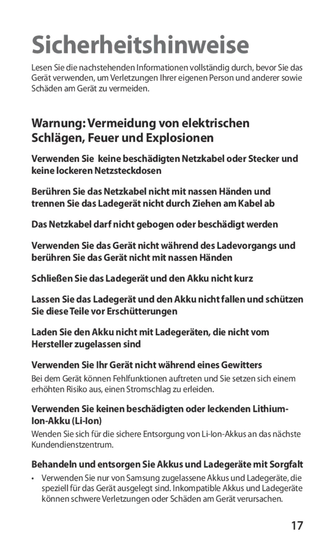 Samsung GT-S5830OKYDBT, GT-S5830OKZDBT manual Sicherheitshinweise, Das Netzkabel darf nicht gebogen oder beschädigt werden 