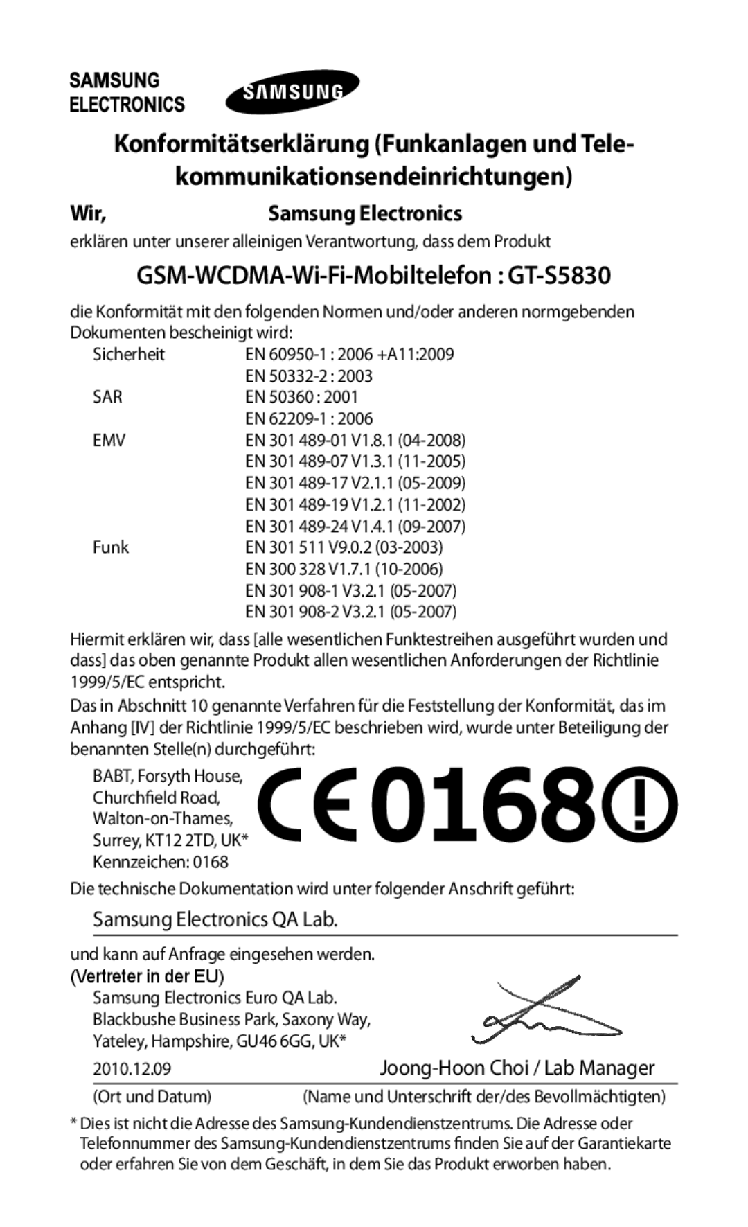 Samsung GT-S5830OKACOS Kommunikationsendeinrichtungen, GSM-WCDMA-Wi-Fi-Mobiltelefon GT-S5830, Wir,Samsung Electronics 