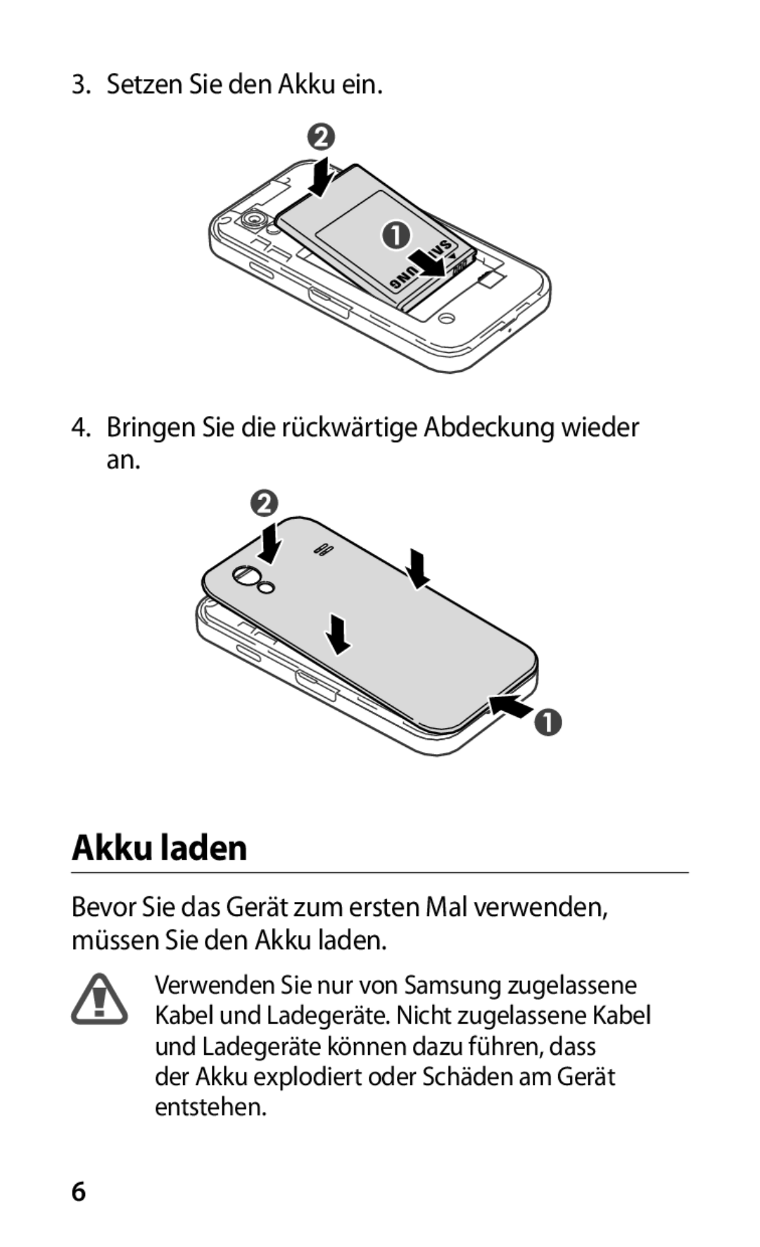 Samsung GT-S5830OKATUR, GT-S5830OKZDBT, GT-S5830OKYXEG, GT-S5830OKADBT, GT-S5830OKACOS, GT-S5830UWADBT manual Akku laden 