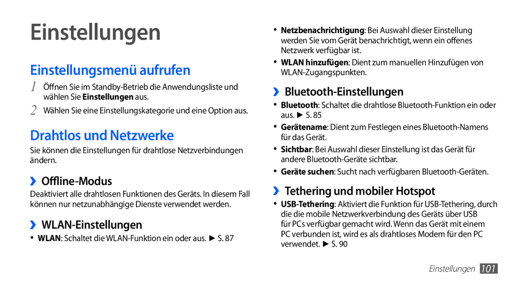 Samsung GT-S5830OKADTM, GT-S5830OKZDBT, GT-S5830OKYXEG Einstellungen, Einstellungsmenü aufrufen, Drahtlos und Netzwerke 