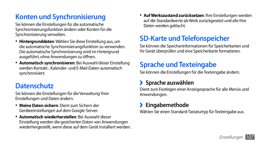 Samsung GT-S5830OKAATO Konten und Synchronisierung, Datenschutz, SD-Karte und Telefonspeicher, Sprache und Texteingabe 