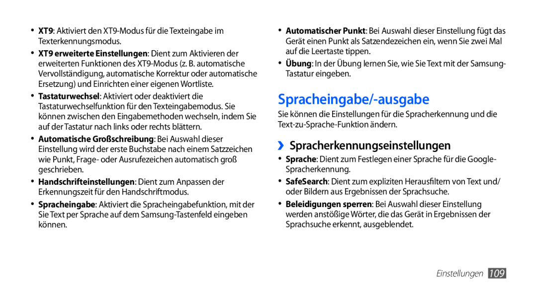 Samsung GT-S5830OKYXEG, GT-S5830OKZDBT, GT-S5830OKADBT manual Spracheingabe/-ausgabe, ››Spracherkennungseinstellungen 