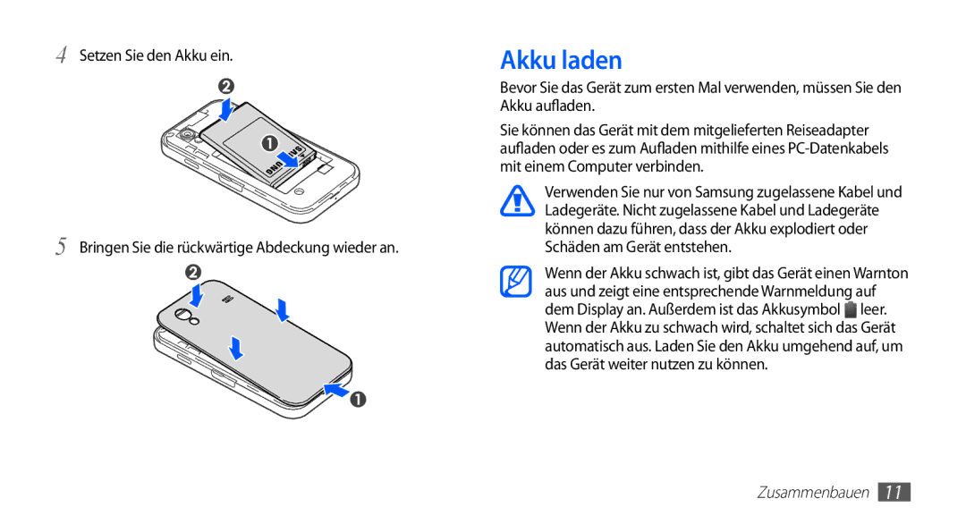 Samsung GT-S5830UWADTM, GT-S5830OKZDBT, GT-S5830OKYXEG, GT-S5830OKADBT, GT-S5830OKACOS, GT-S5830UWADBT manual Akku laden 