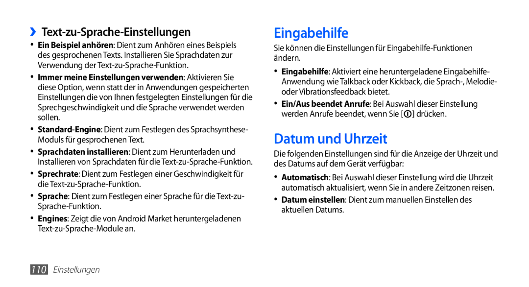 Samsung GT-S5830OKADBT, GT-S5830OKZDBT, GT-S5830OKYXEG Eingabehilfe, Datum und Uhrzeit, ››Text-zu-Sprache-Einstellungen 