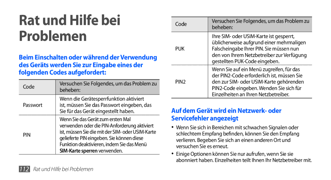 Samsung GT-S5830UWADBT, GT-S5830OKZDBT, GT-S5830OKYXEG manual Rat und Hilfe bei Problemen, SIM-Karte sperren verwenden 