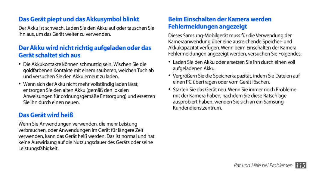 Samsung GT-S5830OKATUR, GT-S5830OKZDBT, GT-S5830OKYXEG, GT-S5830OKADBT manual Das Gerät piept und das Akkusymbol blinkt 