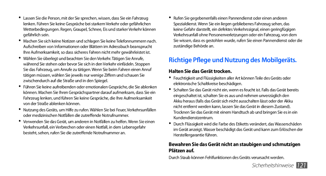 Samsung GT-S5830OKZDTM, GT-S5830OKZDBT manual Richtige Pflege und Nutzung des Mobilgeräts, Halten Sie das Gerät trocken 