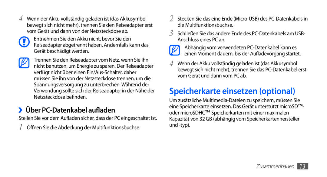 Samsung GT-S5830OKZDTM, GT-S5830OKZDBT, GT-S5830OKYXEG manual Speicherkarte einsetzen optional, ››Über PC-Datenkabel aufladen 