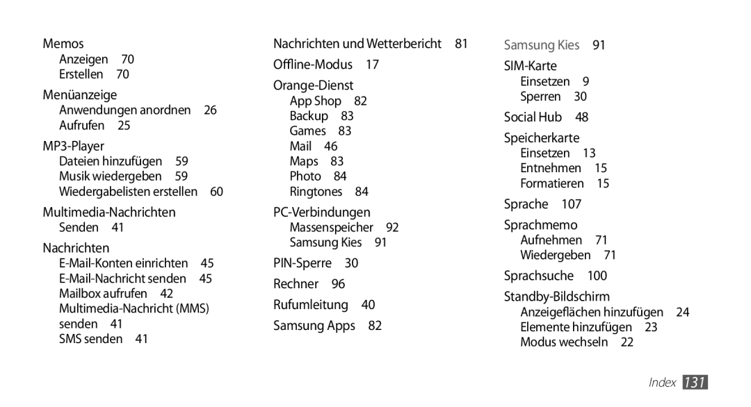 Samsung GT-S5830OKAEPL, GT-S5830OKZDBT, GT-S5830OKYXEG, GT-S5830OKADBT manual Nachrichten, Anwendungen anordnen 26 Aufrufen  