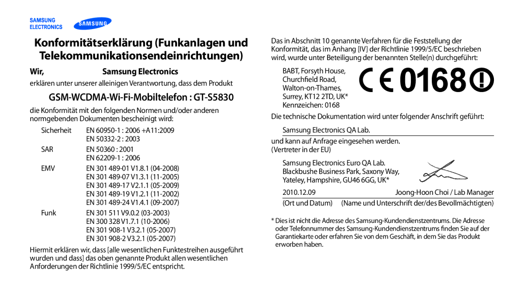 Samsung GT-S5830OKAVD2, GT-S5830OKZDBT, GT-S5830OKYXEG, GT-S5830OKADBT manual GSM-WCDMA-Wi-Fi-Mobiltelefon GT-S5830, Wir 