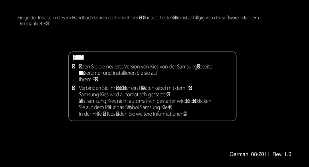 Samsung GT-S5830OKAATO, GT-S5830OKZDBT, GT-S5830OKYXEG, GT-S5830OKADBT, GT-S5830OKACOS manual Installation von Kies PC Sync 