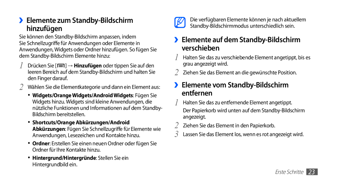 Samsung GT-S5830OKAEPL ››Elemente auf dem Standby-Bildschirm verschieben, ››Elemente vom Standby-Bildschirm entfernen 