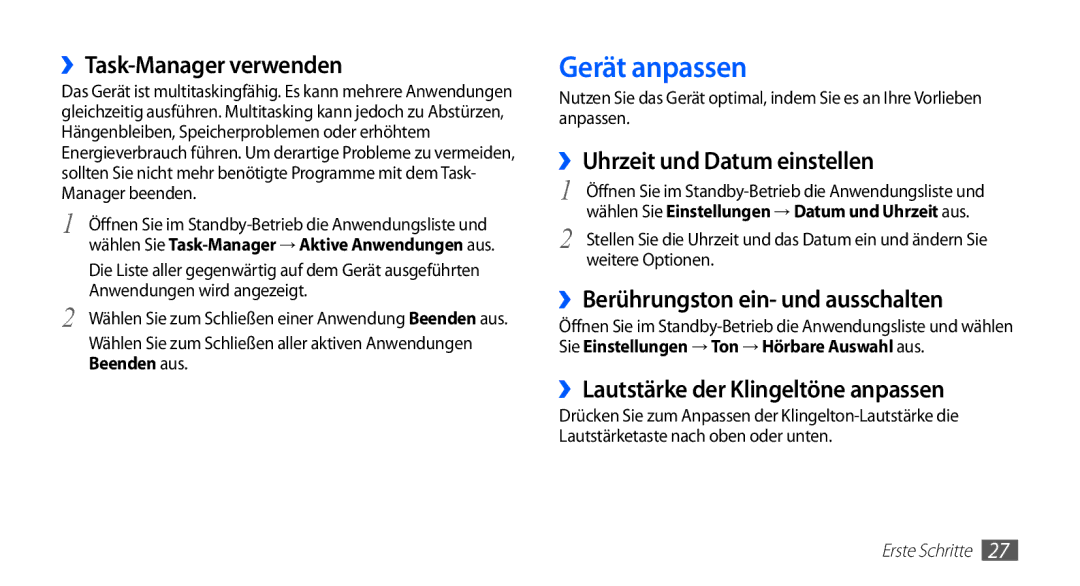 Samsung GT-S5830OKZDBT, GT-S5830OKYXEG manual Gerät anpassen, ››Task-Manager verwenden, ››Uhrzeit und Datum einstellen 