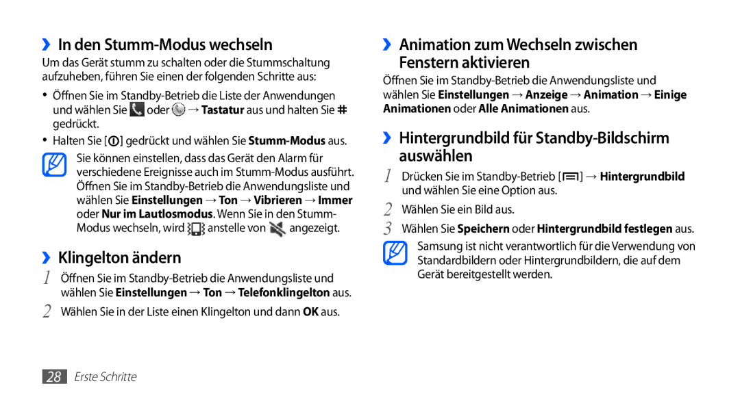 Samsung GT-S5830OKYXEG, GT-S5830OKZDBT manual ››In den Stumm-Modus wechseln, ››Klingelton ändern, Wählen Sie ein Bild aus 