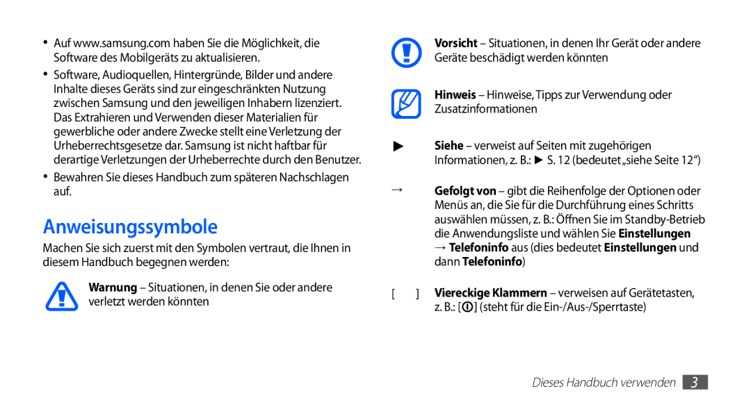 Samsung GT-S5830OKACOS, GT-S5830OKZDBT manual Anweisungssymbole, Bewahren Sie dieses Handbuch zum späteren Nachschlagen auf 