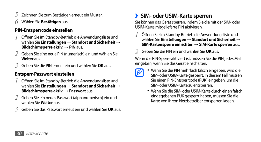 Samsung GT-S5830OKACOS, GT-S5830OKZDBT manual ››SIM- oder USIM-Karte sperren, Bildschirmsperre aktiv. → PIN aus, Weiter aus 