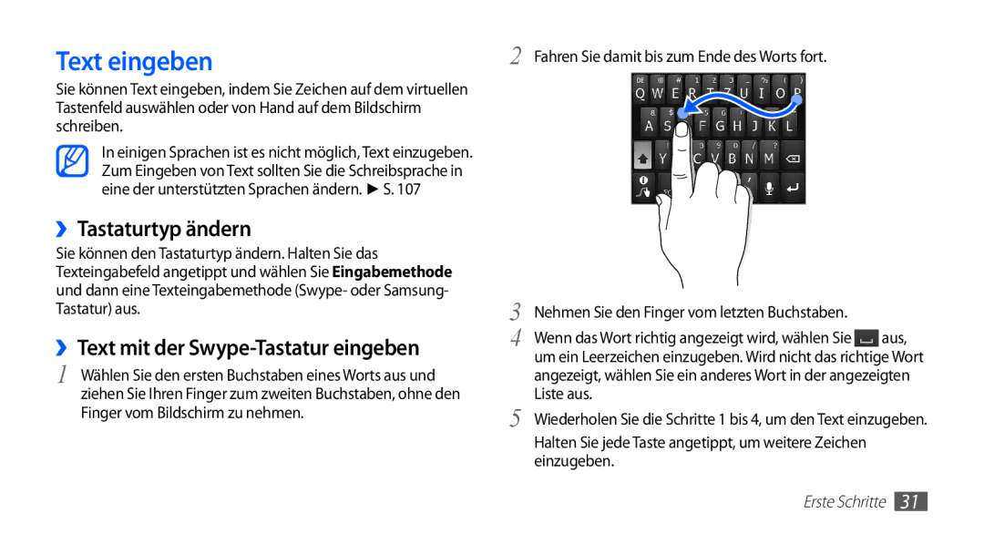 Samsung GT-S5830UWADBT, GT-S5830OKZDBT manual Text eingeben, ››Tastaturtyp ändern, ››Text mit der Swype-Tastatur eingeben 