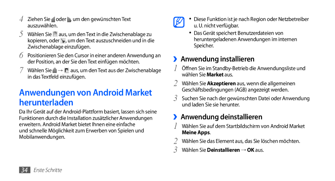 Samsung GT-S5830OKATUR Anwendungen von Android Market herunterladen, ››Anwendung installieren, ››Anwendung deinstallieren 