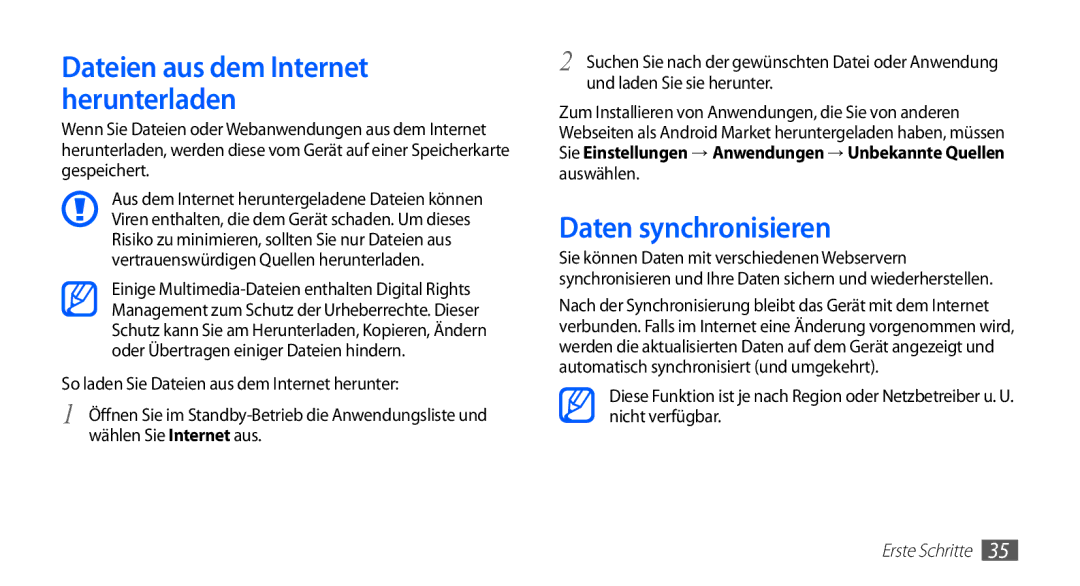 Samsung GT-S5830OKAXEO, GT-S5830OKZDBT, GT-S5830OKYXEG manual Daten synchronisieren, Dateien aus dem Internet herunterladen 