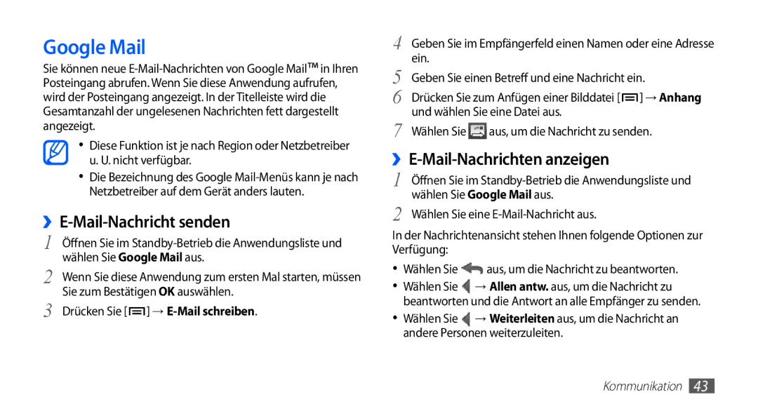 Samsung GT-S5830RWAATO, GT-S5830OKZDBT manual Google Mail, ››E-Mail-Nachricht senden, ››E-Mail-Nachrichten anzeigen 