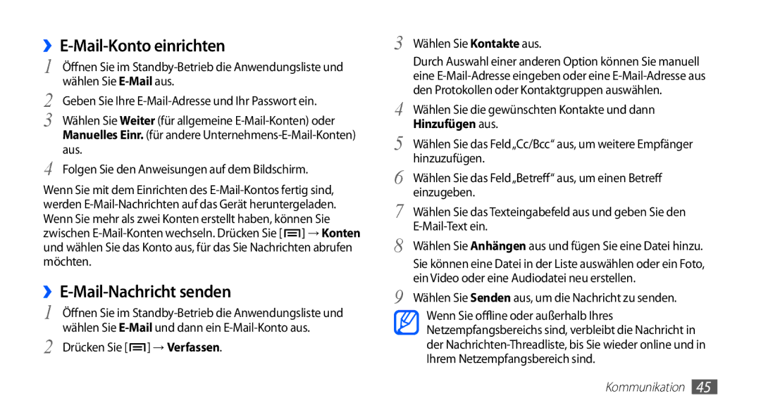 Samsung GT-S5830OKYDBT, GT-S5830OKZDBT, GT-S5830OKYXEG, GT-S5830OKADBT ››E-Mail-Konto einrichten, Drücken Sie → Verfassen 