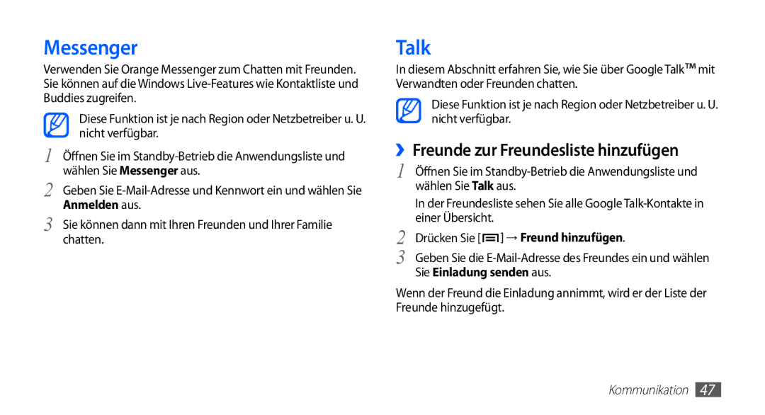 Samsung GT-S5830OKADTM manual Messenger, Talk, ››Freunde zur Freundesliste hinzufügen, Drücken Sie → Freund hinzufügen 